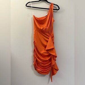 Iris Orange Asymmetrical Ruffle Bodycon One‎ Shoulder Dress - S